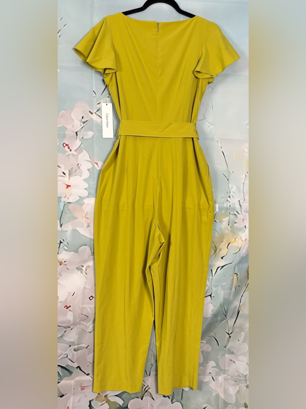 Calvin Klein Chartreuse Yellow Flutter Sleeve Belted Jumpsuit Size 8 NWT - Picture 2 of 16